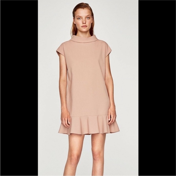 Zara Straight Cut Nude Boxy Ruffle‎ Hem Dress Career Minimalist - Picture 1 of 10